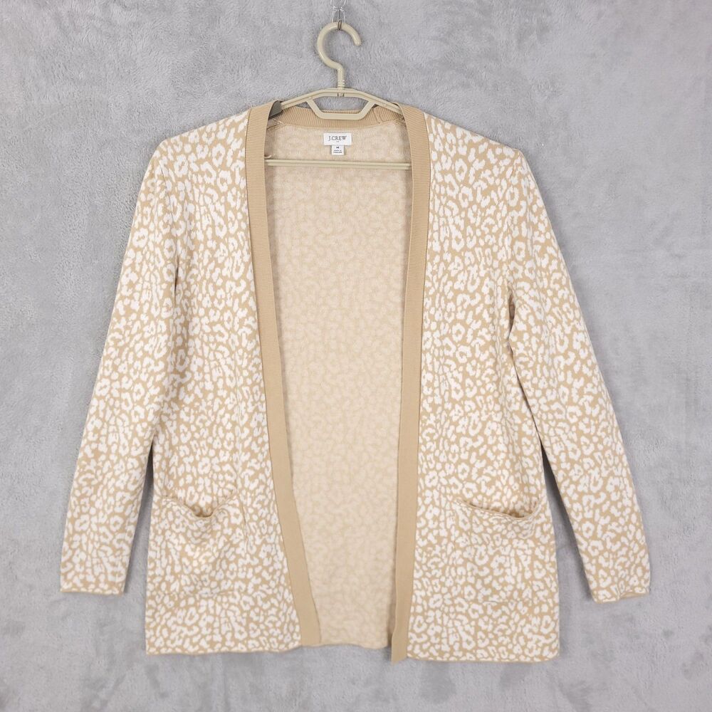 J Crew Cardigan Sweater Womens Size M Ivory Leopard Open Front Pockets Cotton